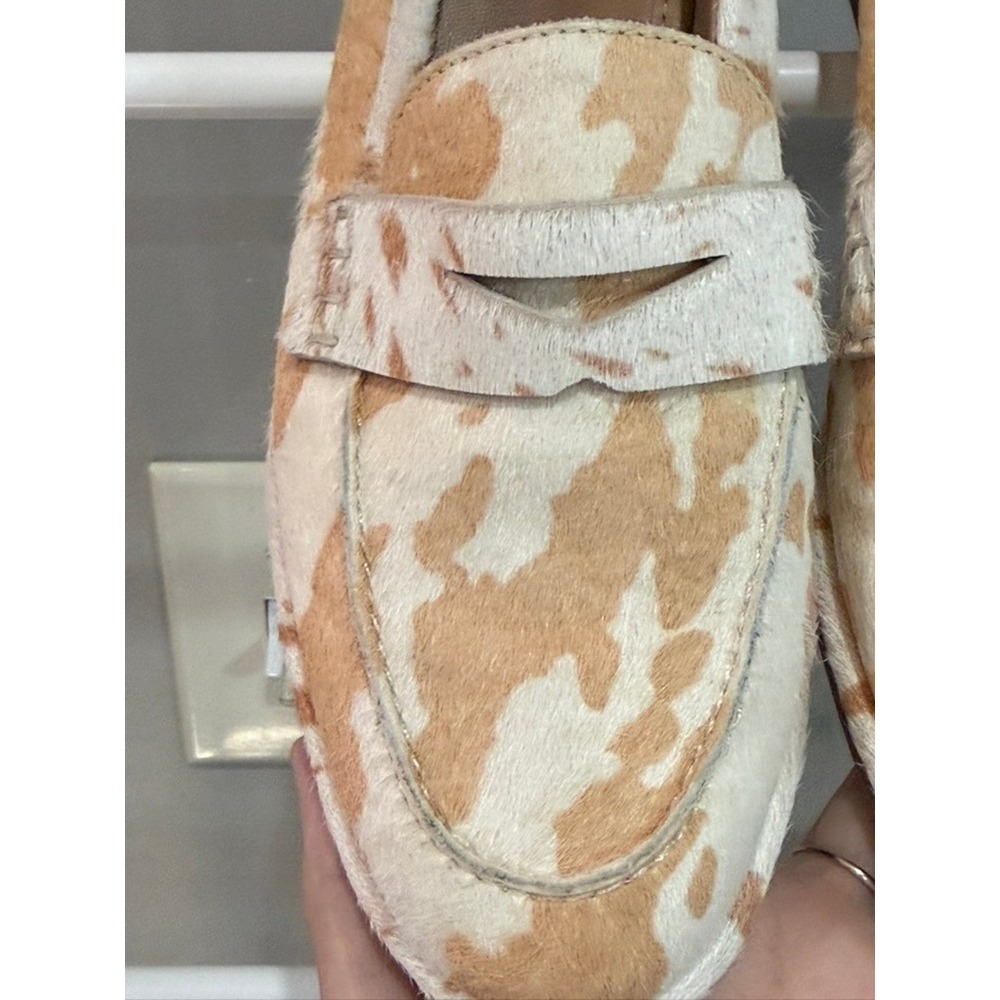 Sam Edelman Birch Penny Loafers Calf Hair Leather Tan White Cow Print Flats 7.5 - Picture 2 of 11